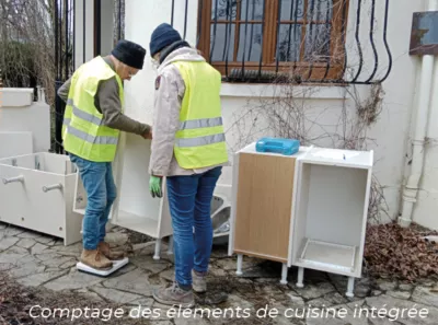 Deux personnes regardent des meubles de cuisines déposés devant le chantier.